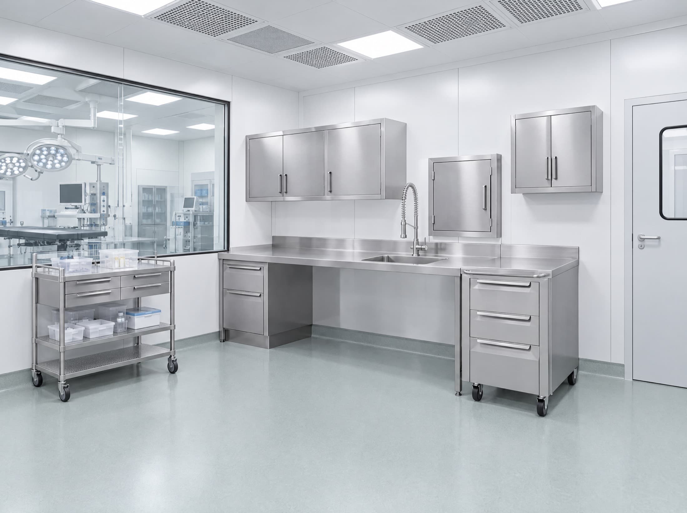 Locale di preparazione farmaci con pensili, lavello e carrello in acciaio inox accanto a una sala operatoria