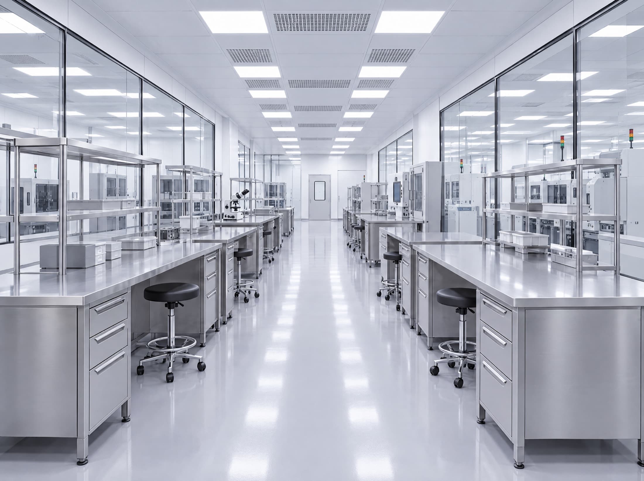 Reparto produttivo hi-tech con file di banchi da lavoro in acciaio inox