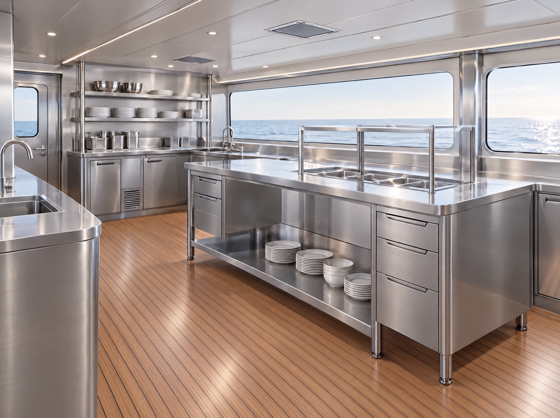 Cucina di bordo di uno yacht con isola buffet in acciaio inox e vista sul mare